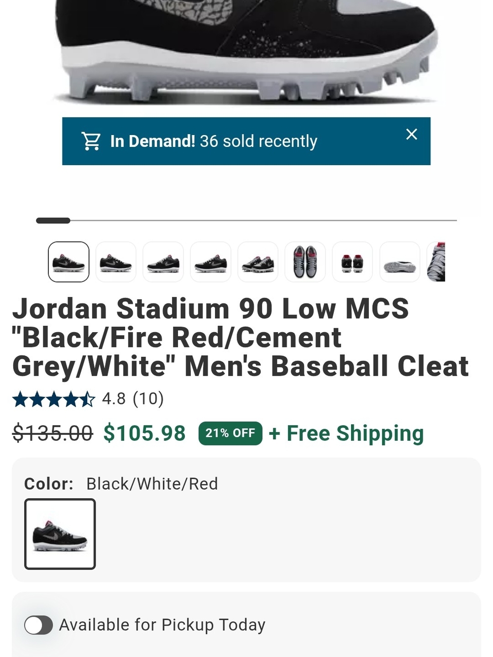 Jordan Stadium 90 Low MCS Men's Baseball Cleat - Black/White/Red